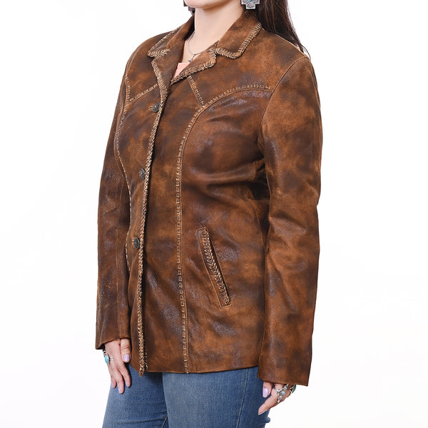 LC-ADJKTLTR01 Women's Distressed Brown Leather Western Blazer Jacket with Whipstitch Detailing