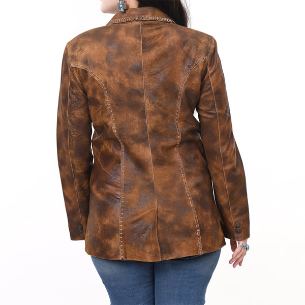 LC-ADJKTLTR01 Women's Distressed Brown Leather Western Blazer Jacket with Whipstitch Detailing