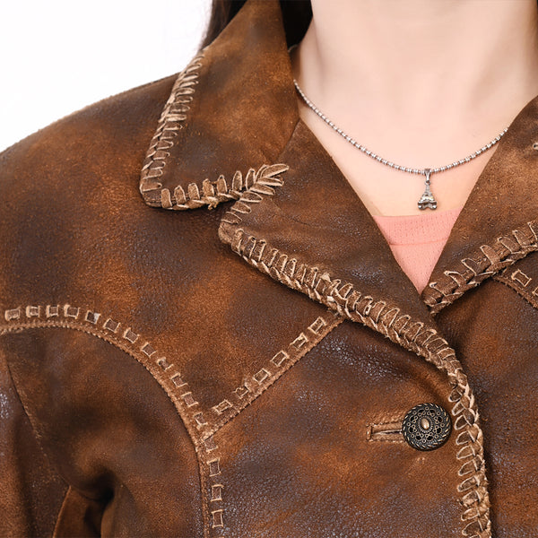 LC-ADJKTLTR01 Women's Distressed Brown Leather Western Blazer Jacket with Whipstitch Detailing