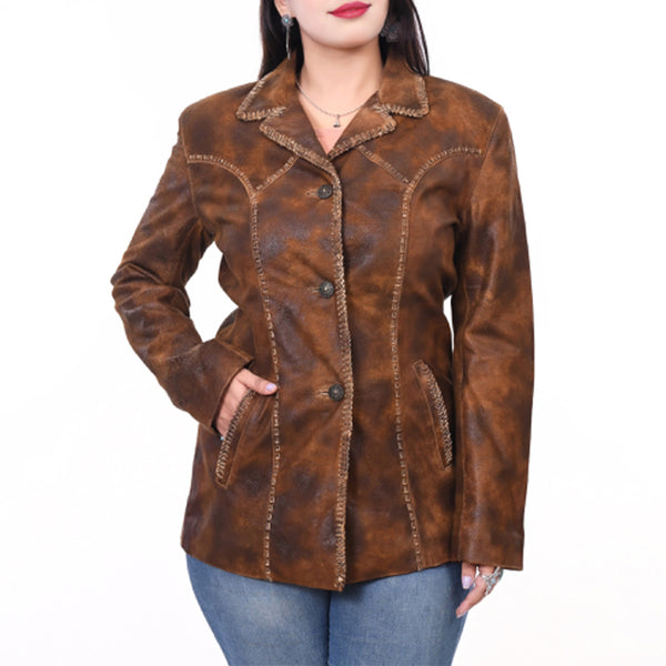 LC-ADJKTLTR01 Women's Distressed Brown Leather Western Blazer Jacket with Whipstitch Detailing