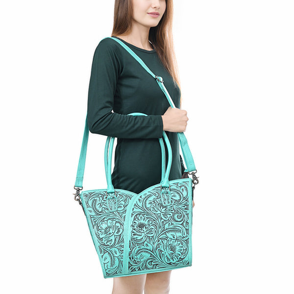 ADBG1473 American Darling Handcrafted Western Leather Tote Bag with Floral Tooled Detailing