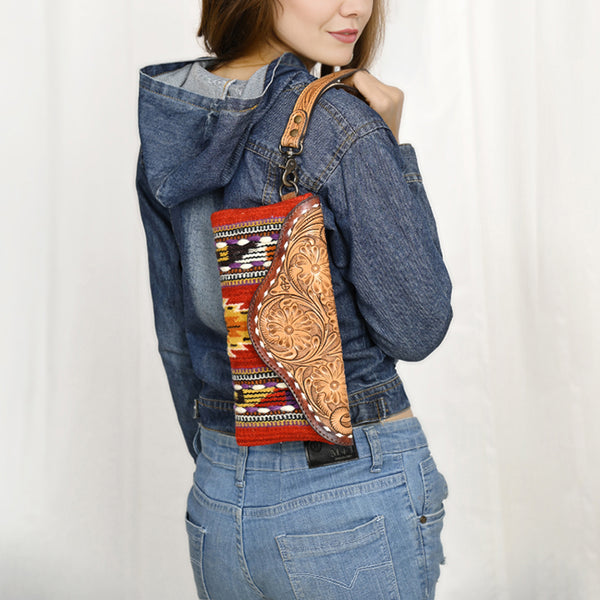 ADBG1477 American Darling Hand Tooled Leather Western Wristlet Bag with Saddle Blanket & Floral Carved Flap