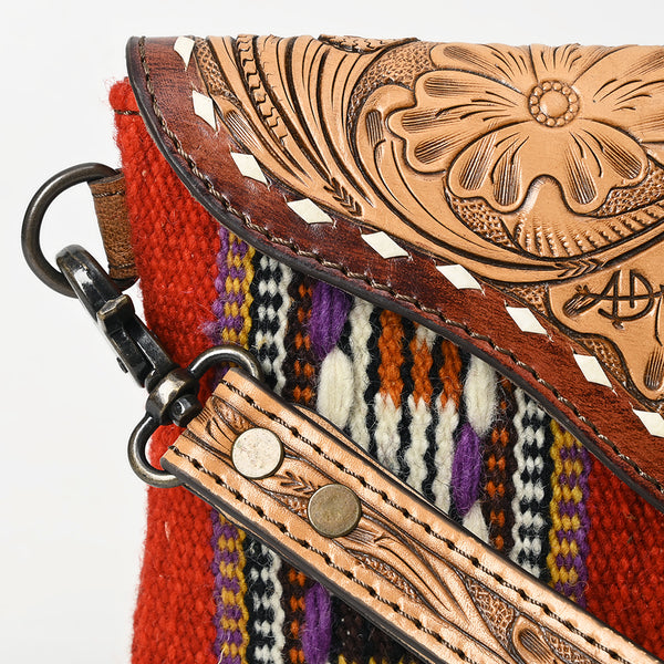 ADBG1477 American Darling Hand Tooled Leather Western Wristlet Bag with Saddle Blanket & Floral Carved Flap