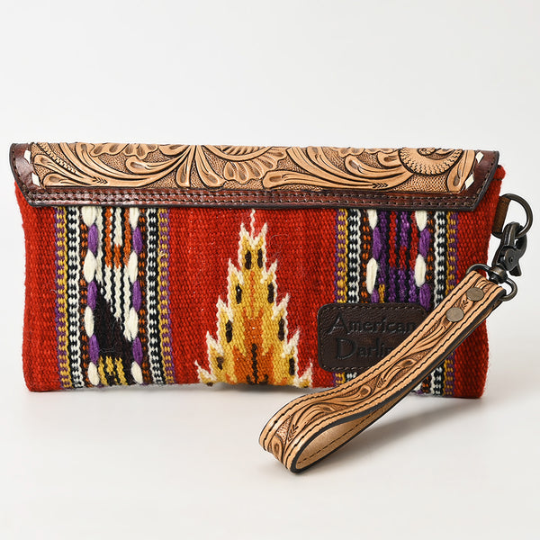ADBG1477 American Darling Hand Tooled Leather Western Wristlet Bag with Saddle Blanket & Floral Carved Flap