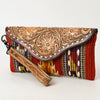 ADBG1477 American Darling Hand Tooled Leather Western Wristlet Bag with Saddle Blanket & Floral Carved Flap
