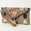 ADBG1477 American Darling Hand Tooled Leather Western Wristlet Bag with Saddle Blanket & Floral Carved Flap