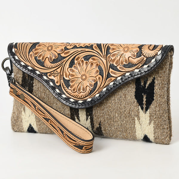 ADBG1477 American Darling Hand Tooled Leather Western Wristlet Bag with Saddle Blanket & Floral Carved Flap