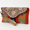 ADBG1477 American Darling Hand Tooled Leather Western Wristlet Bag with Saddle Blanket & Floral Carved Flap