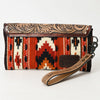 ADBG1477 American Darling Hand Tooled Leather Western Wristlet Bag with Saddle Blanket & Floral Carved Flap