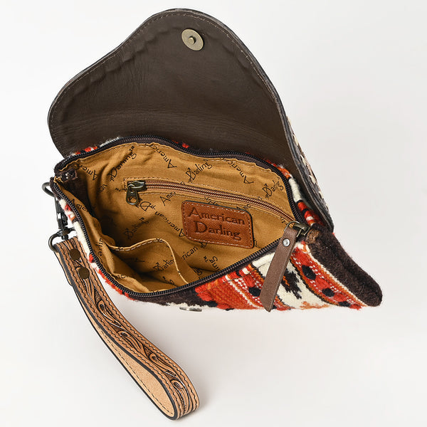 ADBG1477 American Darling Hand Tooled Leather Western Wristlet Bag with Saddle Blanket & Floral Carved Flap