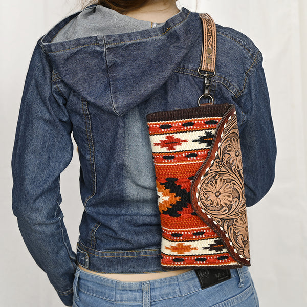 ADBG1477 American Darling Hand Tooled Leather Western Wristlet Bag with Saddle Blanket & Floral Carved Flap