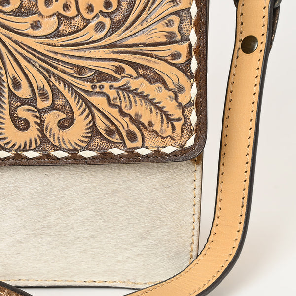 ADBGZ843 Hand-Tooled Leather & White Cowhide Crossbody Bag - American Darling