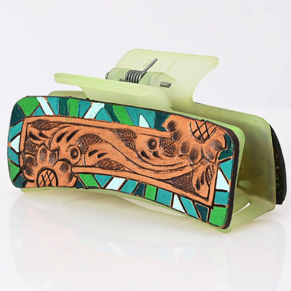 ADHC115 Green Mosaic Leather Hair Band Clip Clutcher - Hand Tooled Floral Design | American Darling