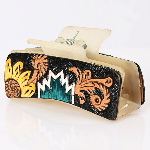 ADHC116 Sunflower & Mountain Tooled Leather Hair Band Clip Clutcher - Western Acrylic Clip | American Darling