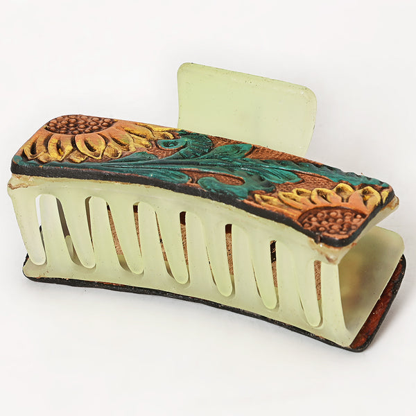 ADHC121 Tooled Leather Sunflower Hair Band Clip Clutcher - Yellow & Green Floral on Mint Claw | American Darling