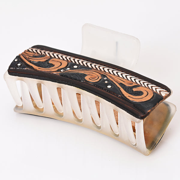 ADHC127 Tooled Leather Hair Band Clip Clutcher - Black & Tan Scroll with Chevron Border | American Darling