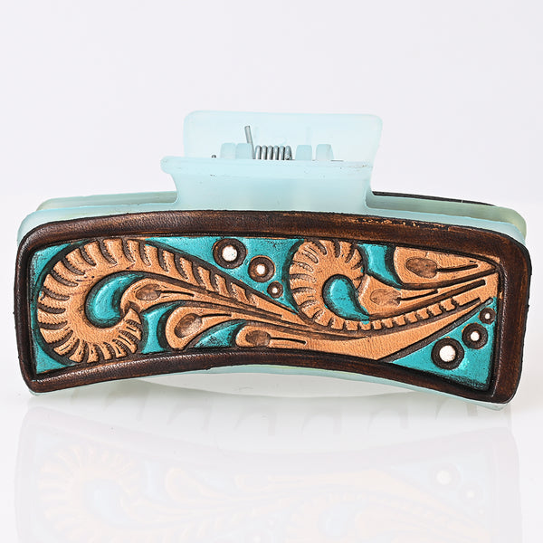 ADHC129 Tooled Leather Hair Band Clip Clutcher - Turquoise Scroll Western Design | American Darling