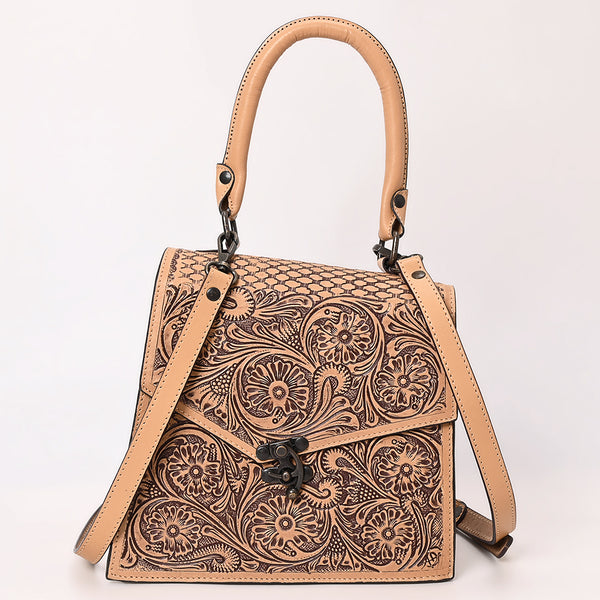 ADBGZ862 Structured Floral Tooled Leather Top Handle Tote Bag Tan Western Satchel | American Darling