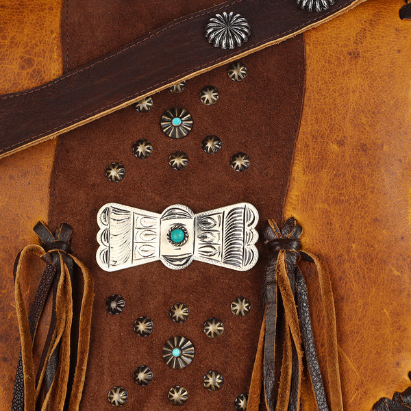 ADBGM418 Western Leather Fringe Messenger Bag with Turquoise Conchos & Braided Trim - American Darling