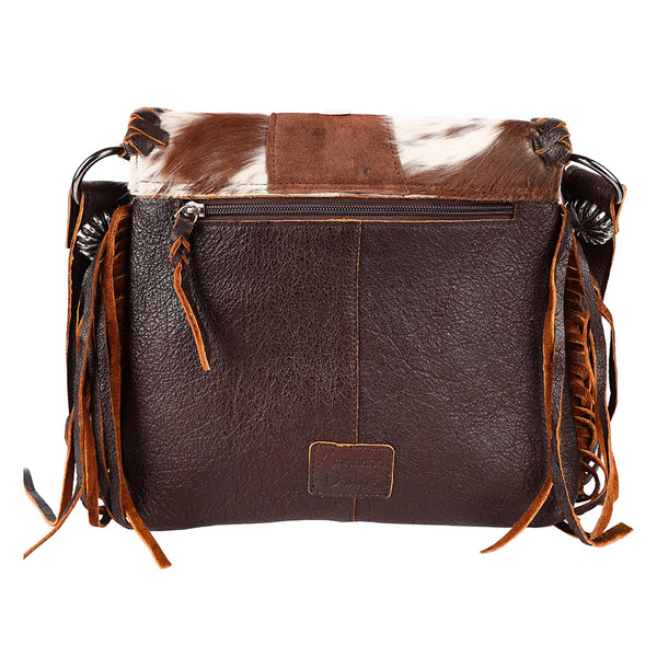 ADBGM419 Cowhide Leather Fringe Messenger Bag with Turquoise Concho & Braided Trim - American Darling