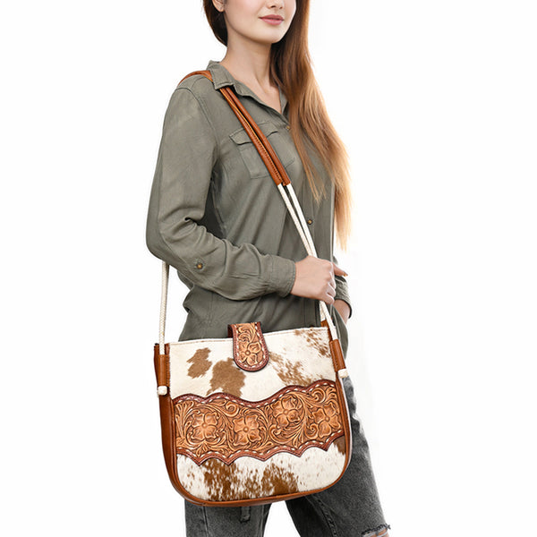 ADBG1485 American Darling Cowhide Crossbody Bag | Hand-Tooled Leather Saddle Purse