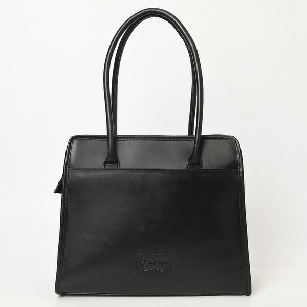 ADBGZ782A Structured Black Leather Tote Handbag - Hand-Tooled Floral Western Panel