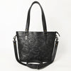 ADBGZ783A Hand-Tooled Black Leather Tote Bag - Western Floral Design with Detachable Strap