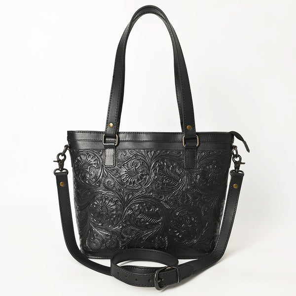 ADBGZ783A Hand-Tooled Black Leather Tote Bag - Western Floral Design with Detachable Strap
