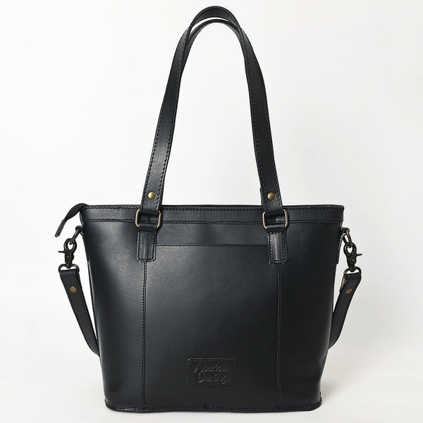 ADBGZ783A Hand-Tooled Black Leather Tote Bag - Western Floral Design with Detachable Strap