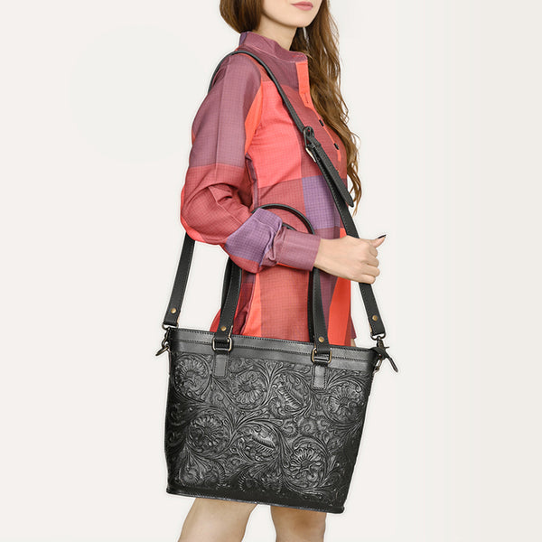ADBGZ783A Hand-Tooled Black Leather Tote Bag - Western Floral Design with Detachable Strap