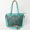 ADBGZ783 Hand-Tooled Turquoise Leather Tote Bag - Western Floral Design with Detachable Strap