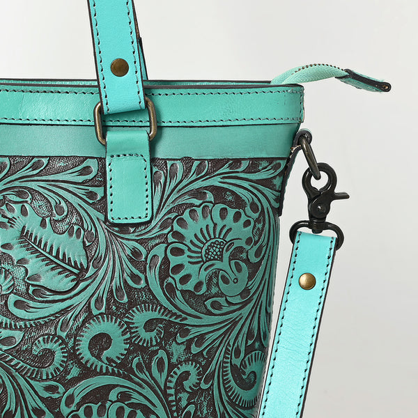 ADBGZ783 Hand-Tooled Turquoise Leather Tote Bag - Western Floral Design with Detachable Strap