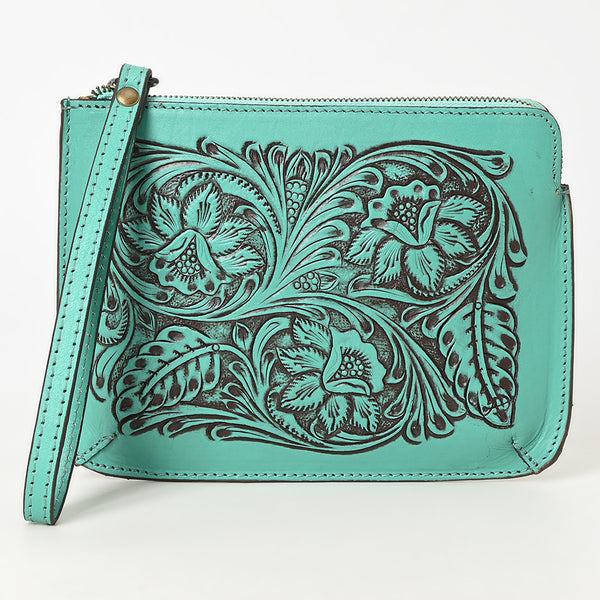 ADBGZ784 Hand-Tooled Leather Wristlet Clutch - Western Floral Design