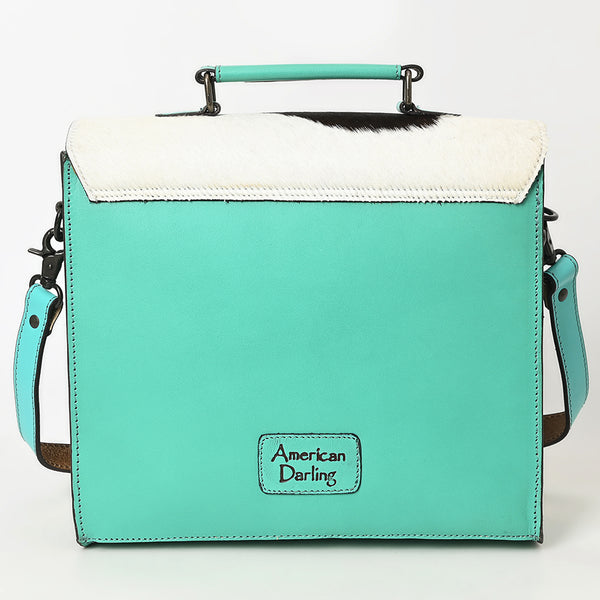 ADBGZ827 Cowhide & Hand-Tooled Leather Western Briefcase Bag - Natural Hair-On with Floral Accents