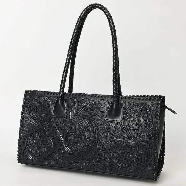 ADBGZ833A Black Hand-Tooled Leather Western Tote bag Braided Handles & Floral Carving