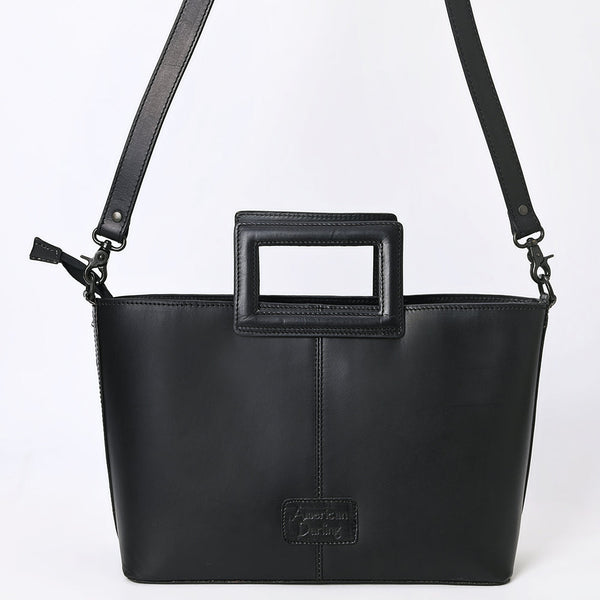 ADBGZ835A Black & White Hand-Tooled Leather Western Tote Handbag Cutout Handle & Floral Overlay