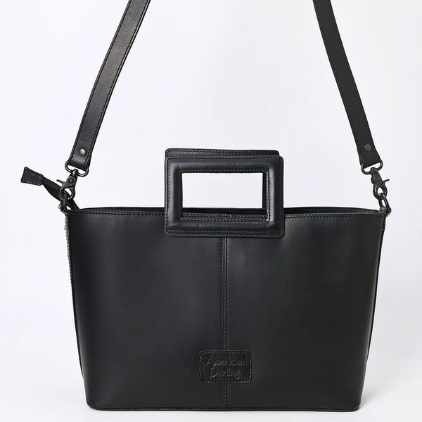 ADBGZ835A Black & White Hand-Tooled Leather Western Tote Handbag Cutout Handle & Floral Overlay