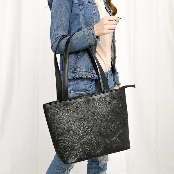 ADBGZ837A Black Hand-Tooled Leather Tote Bag Western Floral Elegance