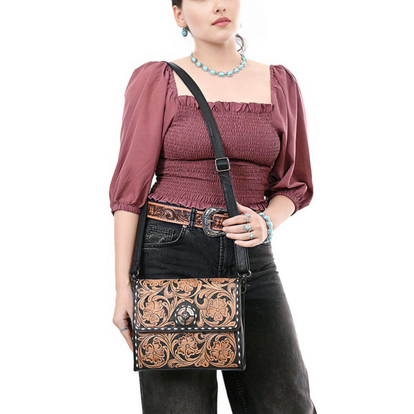ADBG1494 American Darling Hand-Tooled Leather Small Crossbody Bag | Floral Carved Buckstitched Purse