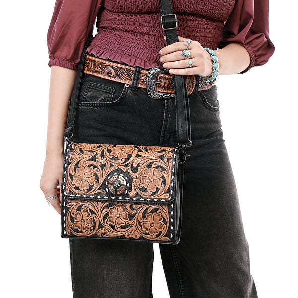 ADBG1494 American Darling Hand-Tooled Leather Small Crossbody Bag | Floral Carved Buckstitched Purse