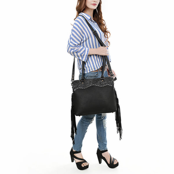 ADBG1501 American Leather Western Leather Tote Bag with Hand-Tooled Floral Panel & Fringe Details