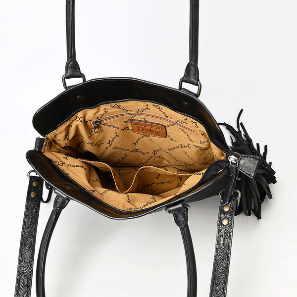 ADBG1501 American Leather Western Leather Tote Bag with Hand-Tooled Floral Panel & Fringe Details