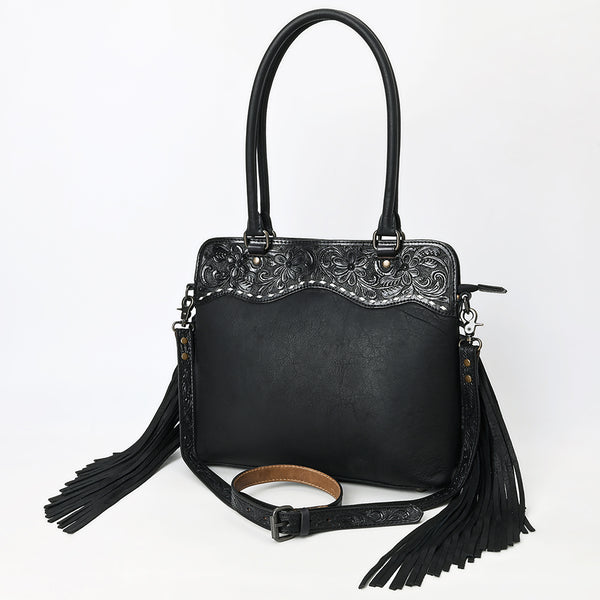 ADBG1501 American Leather Western Leather Tote Bag with Hand-Tooled Floral Panel & Fringe Details