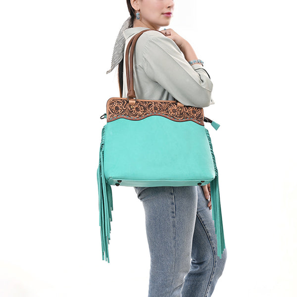 ADBG1502 American Darling Western Leather Tote Bag with Hand-Tooled Floral Panel & Fringe Accents