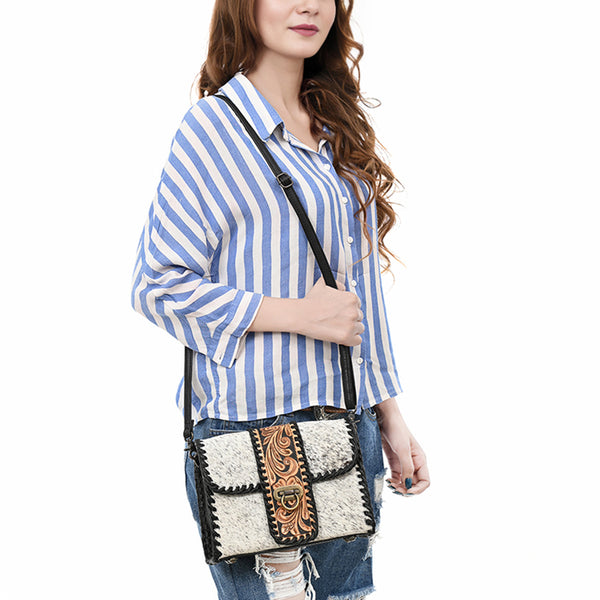 ADBG1503 American Darling Western Leather Small Cross Body Bag with Hair-On Cowhide & Tooled Panel