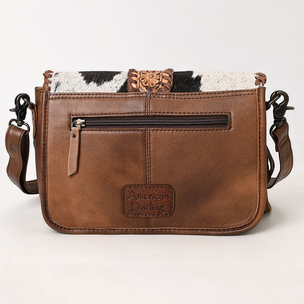 ADBG1504 American Darling Western Leather Cross Body Bag with Hair-On Cowhide & Tooled Panel Fringe