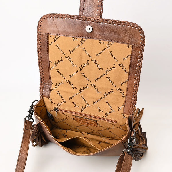 ADBG1504 American Darling Western Leather Cross Body Bag with Hair-On Cowhide & Tooled Panel Fringe