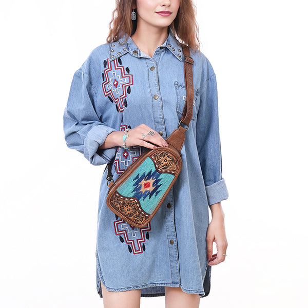 ADBG1510 American Darling Western Leather Sling Bag with Hand-Tooled Floral & Saddle Blanket Panel