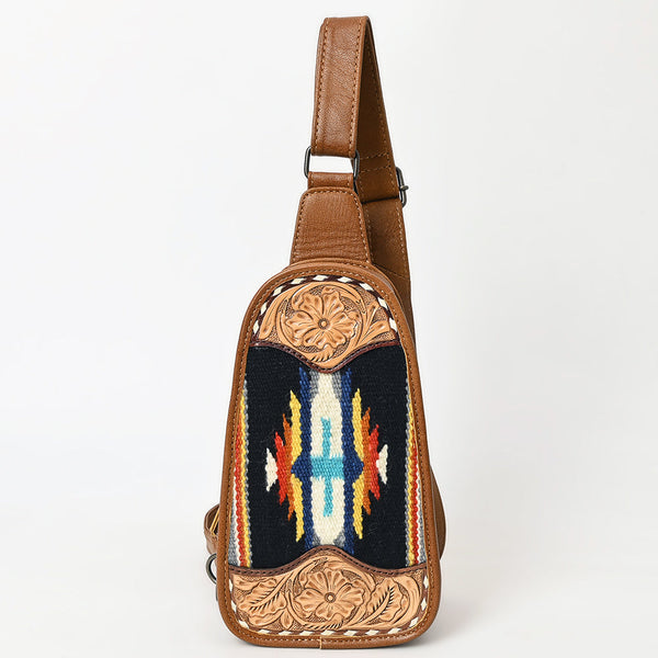 ADBG1510 American Darling Western Leather Sling Bag with Hand-Tooled Floral & Saddle Blanket Panel