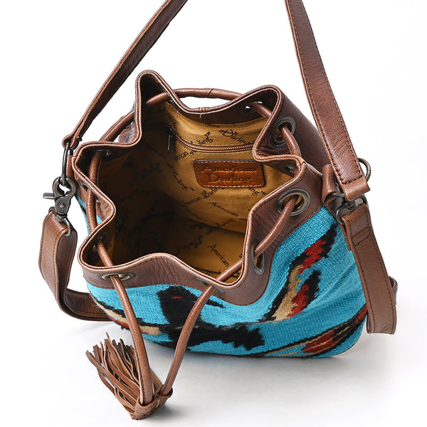 ADBG1512 American Darling Western Leather Bucket Bag Saddle Blanket Weave & Tassel Detail